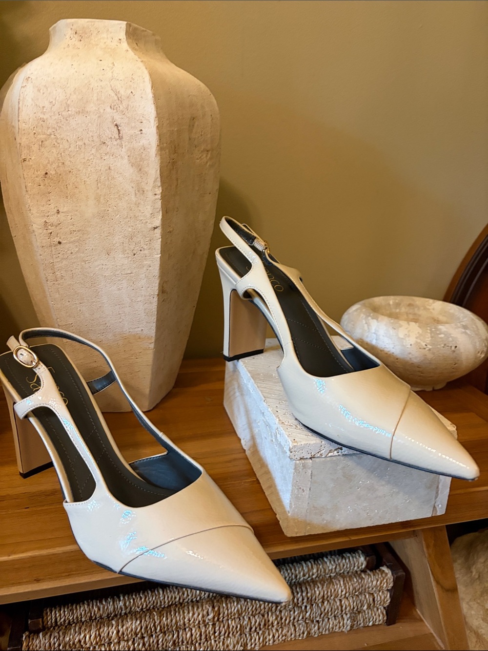 Franco Sarto Cream Patent Pointed Slingback Heels